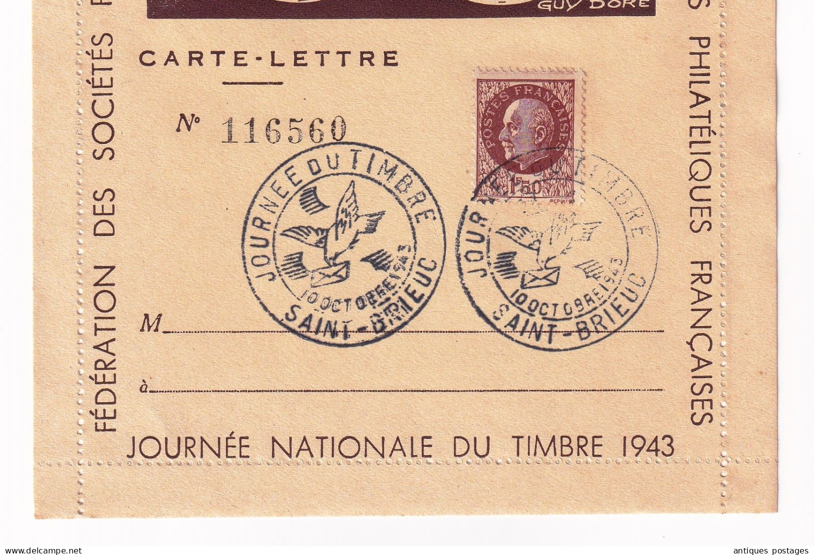 Carte Lettre Saint Brieuc Côtes D'Armor Journée Nationale Du Timbre 1943 Maréchal Pétain Bretagne Guy Doré - 1941-42 Pétain