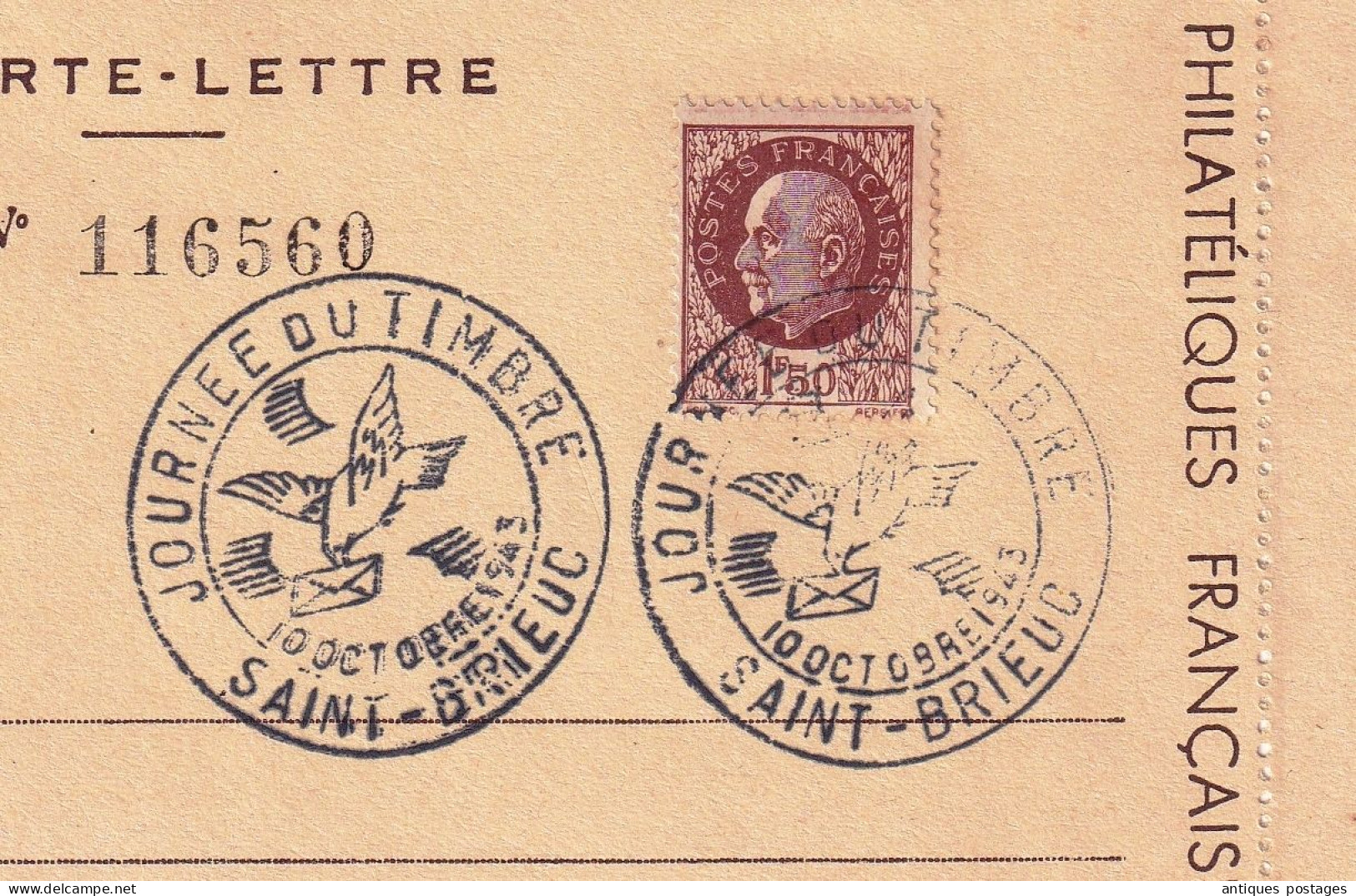 Carte Lettre Saint Brieuc Côtes D'Armor Journée Nationale Du Timbre 1943 Maréchal Pétain Bretagne Guy Doré - 1941-42 Pétain