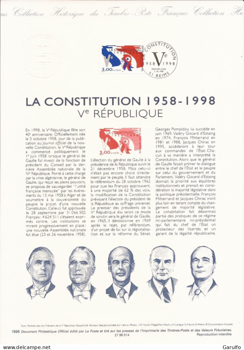 Document Officiel La Poste Oblitération 1er Jour  La Constitution 5ème République - Documenti Della Posta
