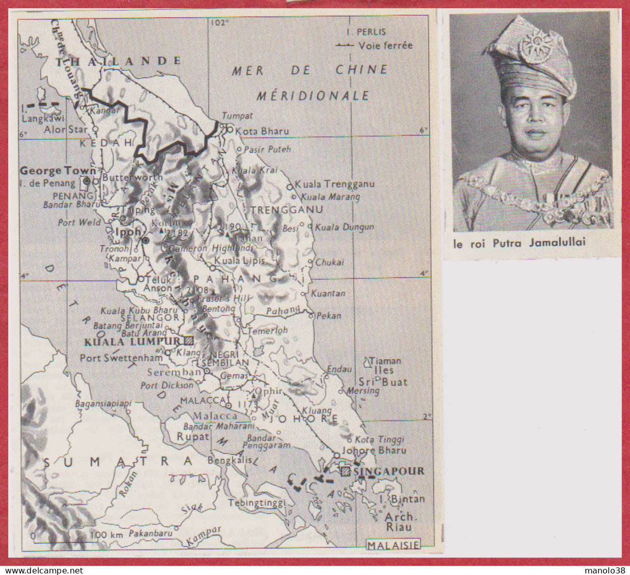 Carte De La Malaisie. Carte Avec Voie Ferrée. Le Roi Putra Jamalullai. Larousse 1960. - Documents Historiques