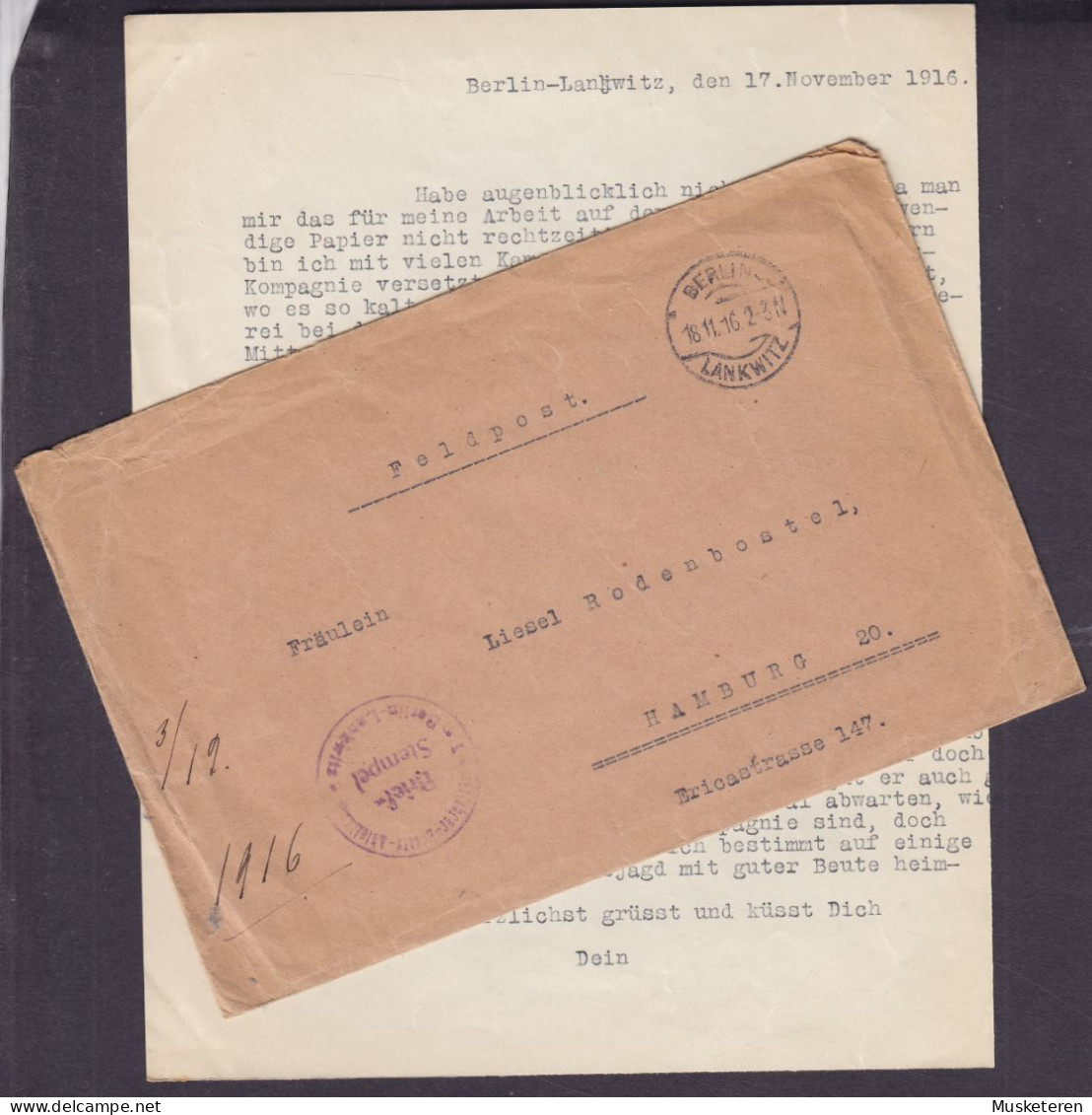 Deutsches Reich REKRUTEN-DEPOT KRAFTRADFAHRER-ERSATZ-ABTG, BERLIN-LANKWITZ 1916 FELDPOST Cover Brief HAMBURG - Feldpost (Portofreiheit)