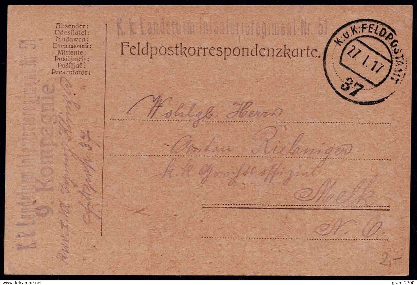 Feldpostkorrespondenzkarte - K.k.Landsturm  Infanterieregiment Nr. 51 - Feldpostamt 37 Vom 27.I.17 - Sonstige & Ohne Zuordnung