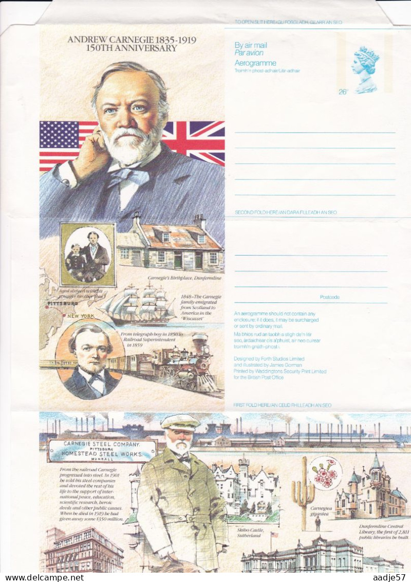 GB Engeland 1985 Entier Postal Air Letter Aerogramme 26p 1989 Andrew Carnegie Steel Train Boat Unused - Postwaardestukken