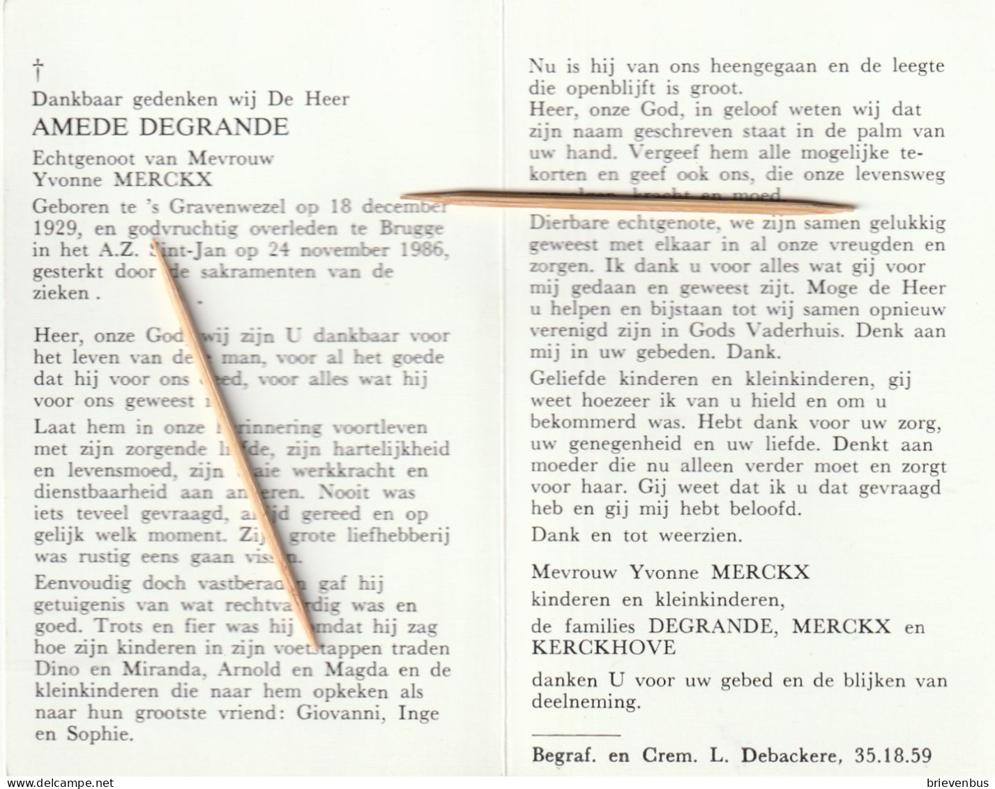 's Gravenwezel, Brugge, Amede Degrande, Merckx - Devotieprenten