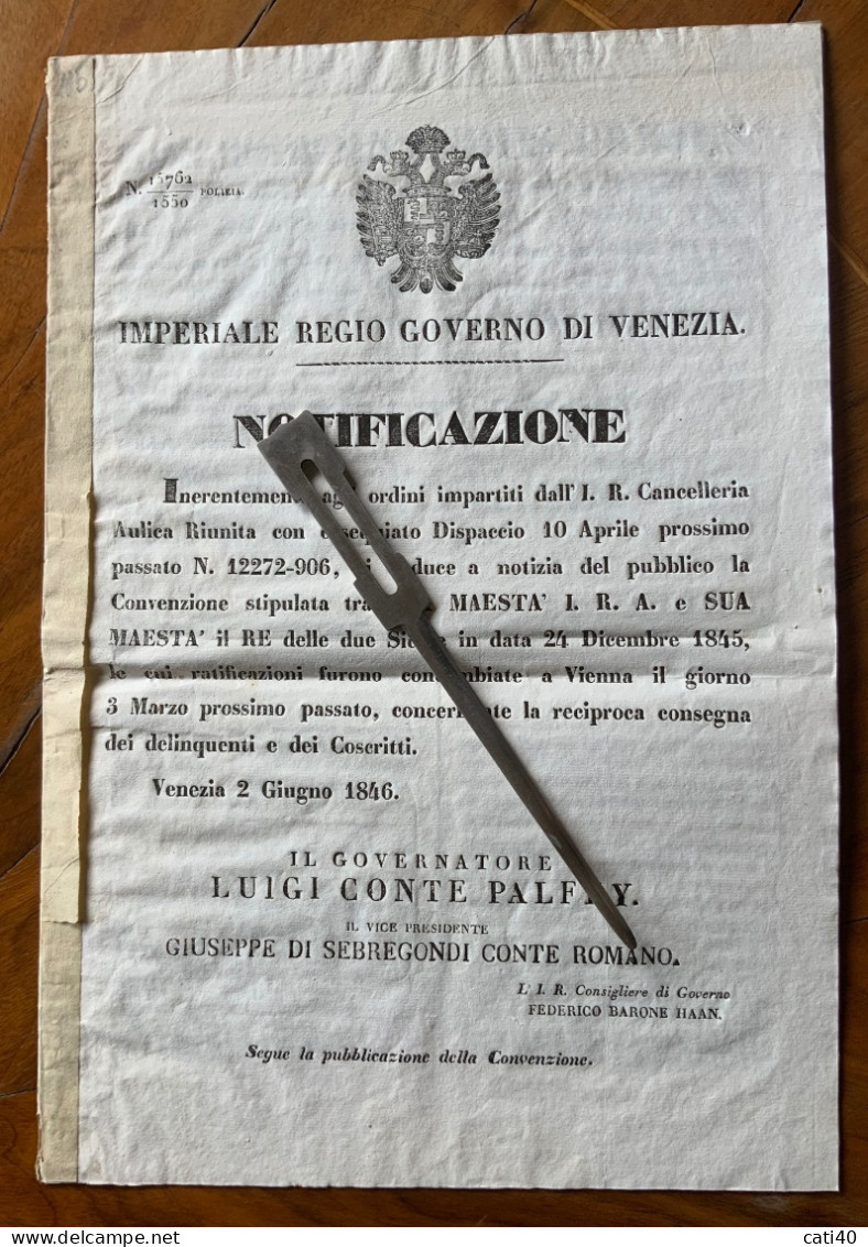 GOVERNO DI VENEZIA - CONVENZIONE COL RE DELLE DUE SICILIE Su CONSEGNA DI DELINQUENTI E COSCRITTI - Pag.10 - BILINGUE - Historische Documenten