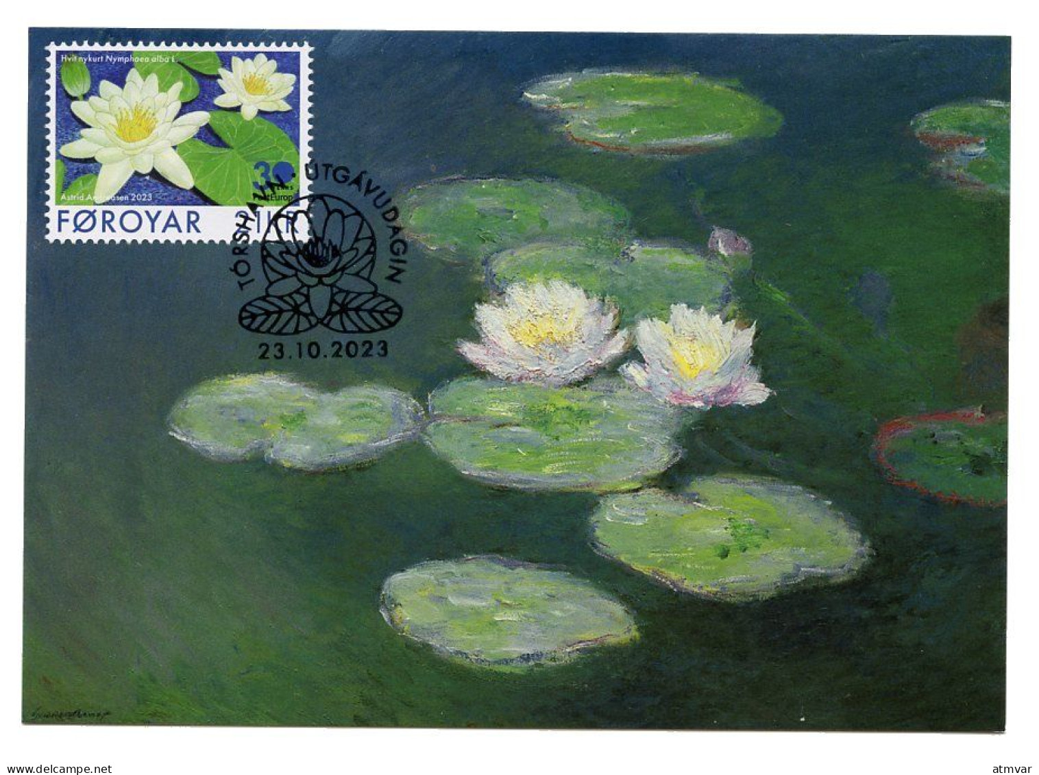 FAROE ISLANDS (2023) Carte Maximum Card - PostEurop White-Water Lily, Nymphaea Alba, Nénuphar Blanc, Seerose, Nenúfar - Faroe Islands