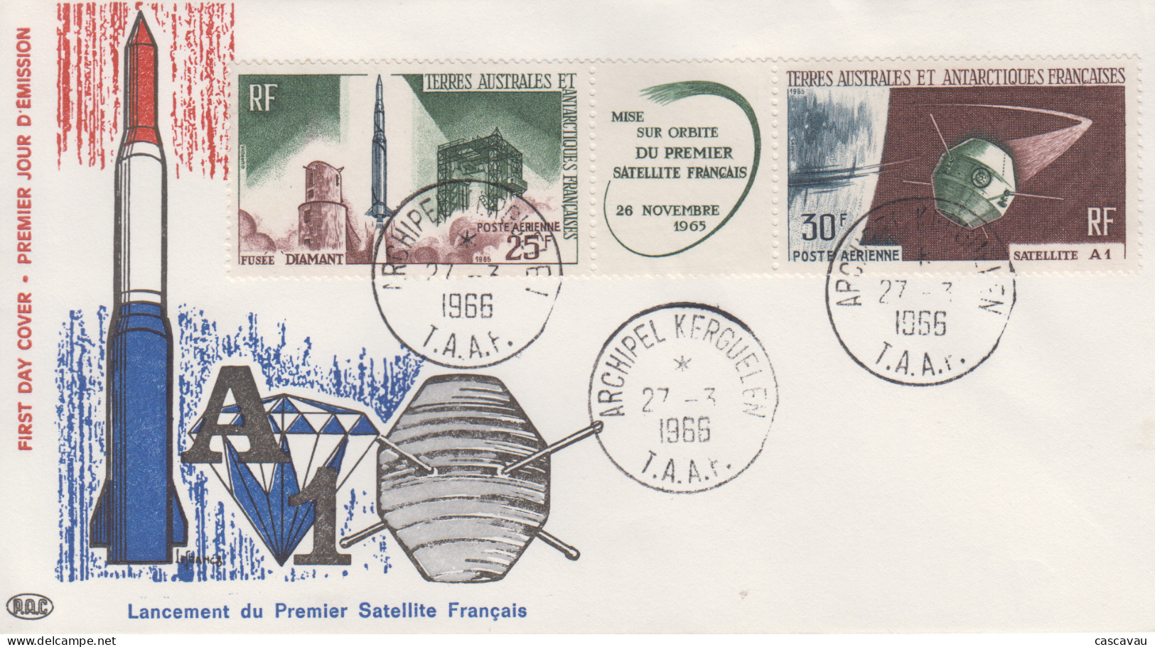 Enveloppe   FDC   1er  Jour   T.A.A.F    Triptyque  Lancement  Du  1er  Satellite  Français   1966 - FDC