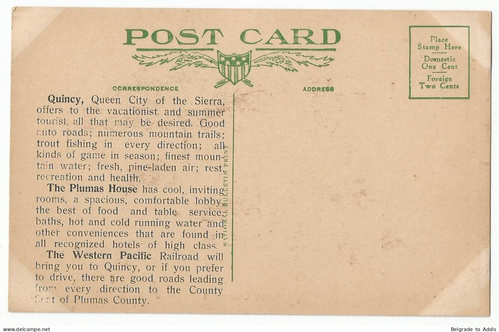 USA Postcard Carte Postale CPA Ca.1915 Plumas House Quincy California (CA) Phil Blume Prop. Advertising On Back - Other & Unclassified