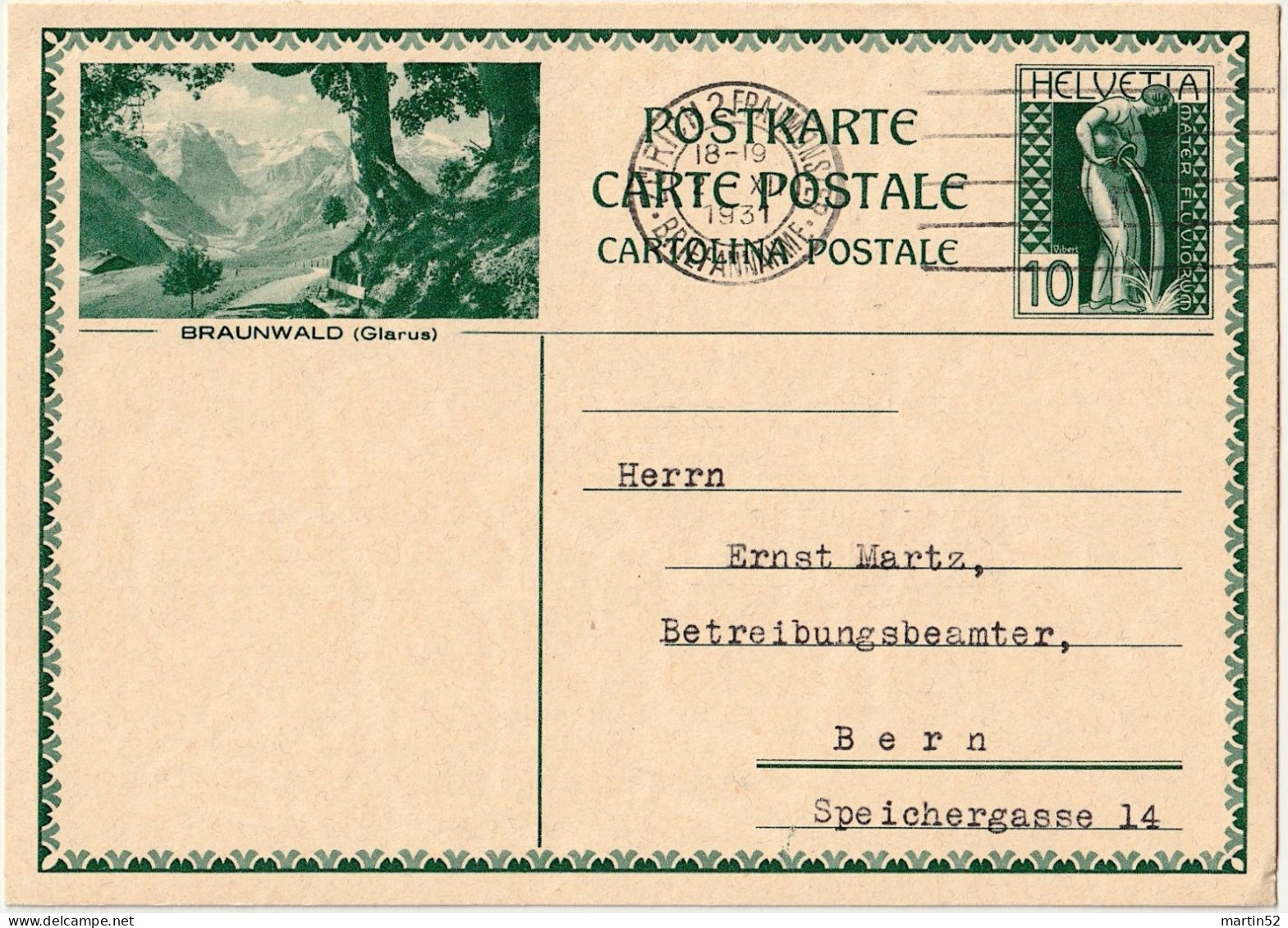 Schweiz Suisse 1931; Bild-PK CPI BRAUNWALD (Glarus) Mit Stempel ZÜRICH 2.XII.1931 - Ganzsachen