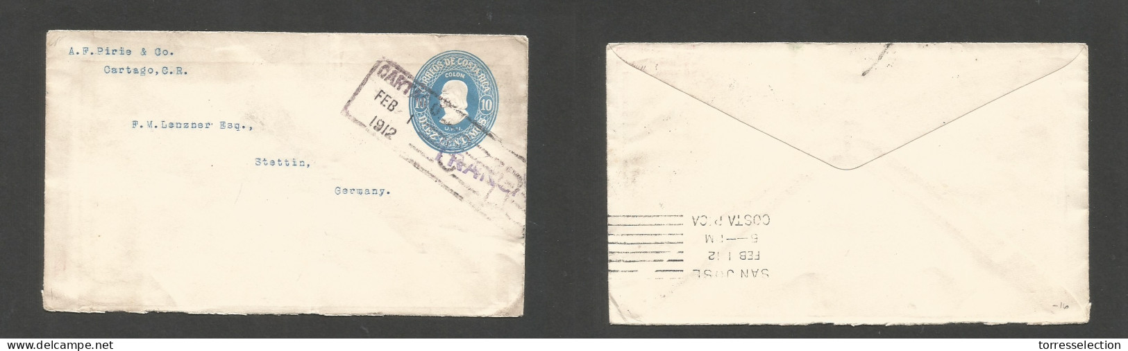 COSTA RICA. 1912 (Feb 1) Cartago - Germany, Stettin. 10c Blue Embose Stat Env, Boxed Cachet + Stline Transito. Reverse T - Costa Rica