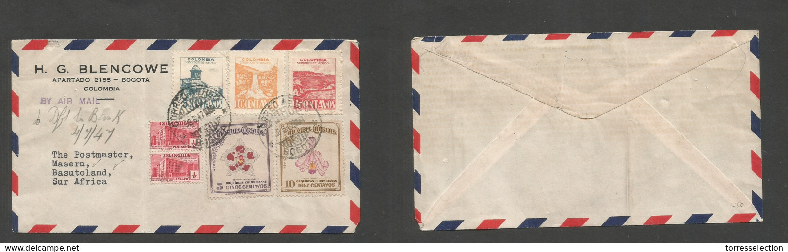 COLOMBIA. 1947 (9 June) Bogota - BASUTOLAND, Maseru, Africa. Air Multifkd Env. Flowers. Fine Usage + Rare Destination. S - Colombie