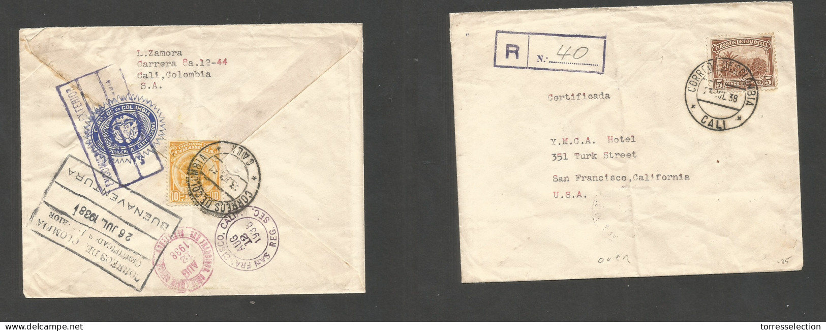 COLOMBIA. 1938 (23 July) Cali - USA, SF, CA (12 Aug) Registered Reverse And Front Multifkd Envelope. Via Buenaventura +  - Kolumbien