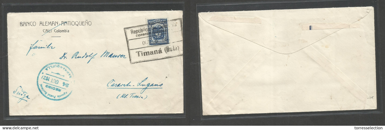 COLOMBIA. 1927 (5 Oct) Timana, Huda - Switzerland, Lugano Via Barranquilla. Fkd Comercial Envelope. Fine Town Usage. SAL - Colombia