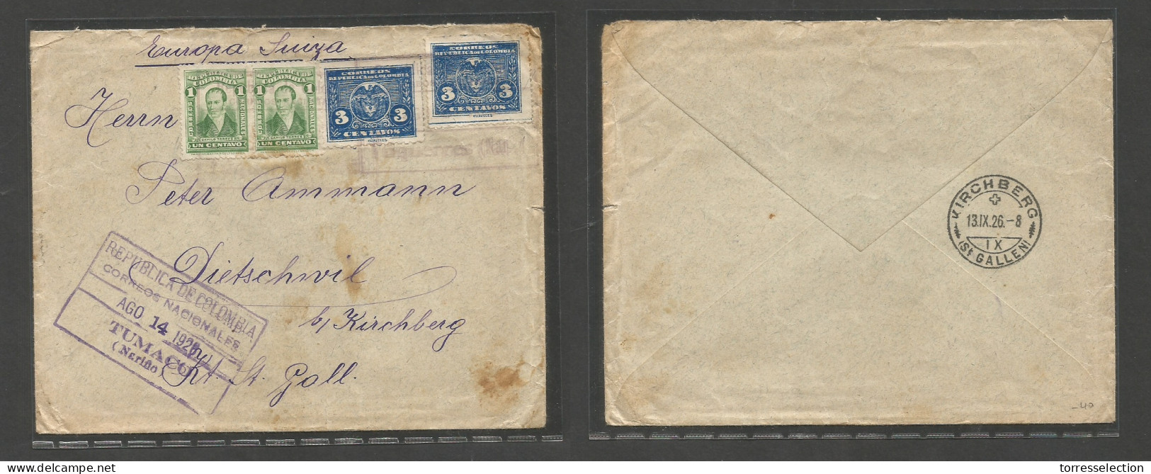 COLOMBIA. 1926 (14 Aug) Tumaco, Nariño - Switzerland, St. Gallen (13 Sept) Registered Multifkd Mixed Issues Env. Fine. S - Colombie