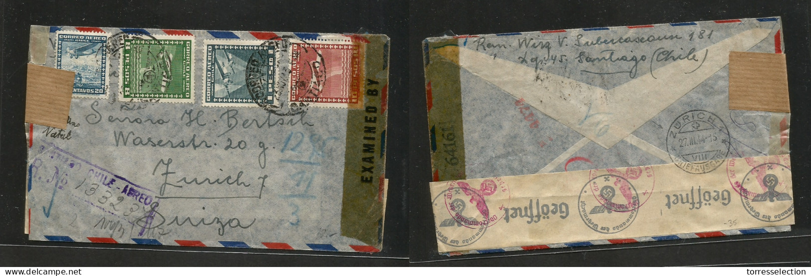 Chile - XX. 1943 (23 Nov) Stgo - Switzerland, Zurich (27 March 44) Registered Multifkd US + Nazi Censored Envelope. 4 Mo - Cile