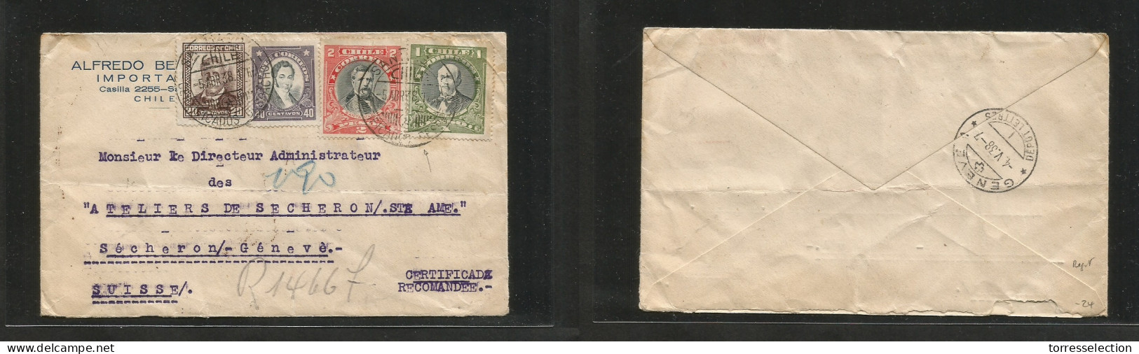 Chile - XX. 1938 (5 Apr) Santiago - Switzerland, Geneve (4 May) Registered Multifkd Env. 3,60 Peso Rate. SALE. - Cile
