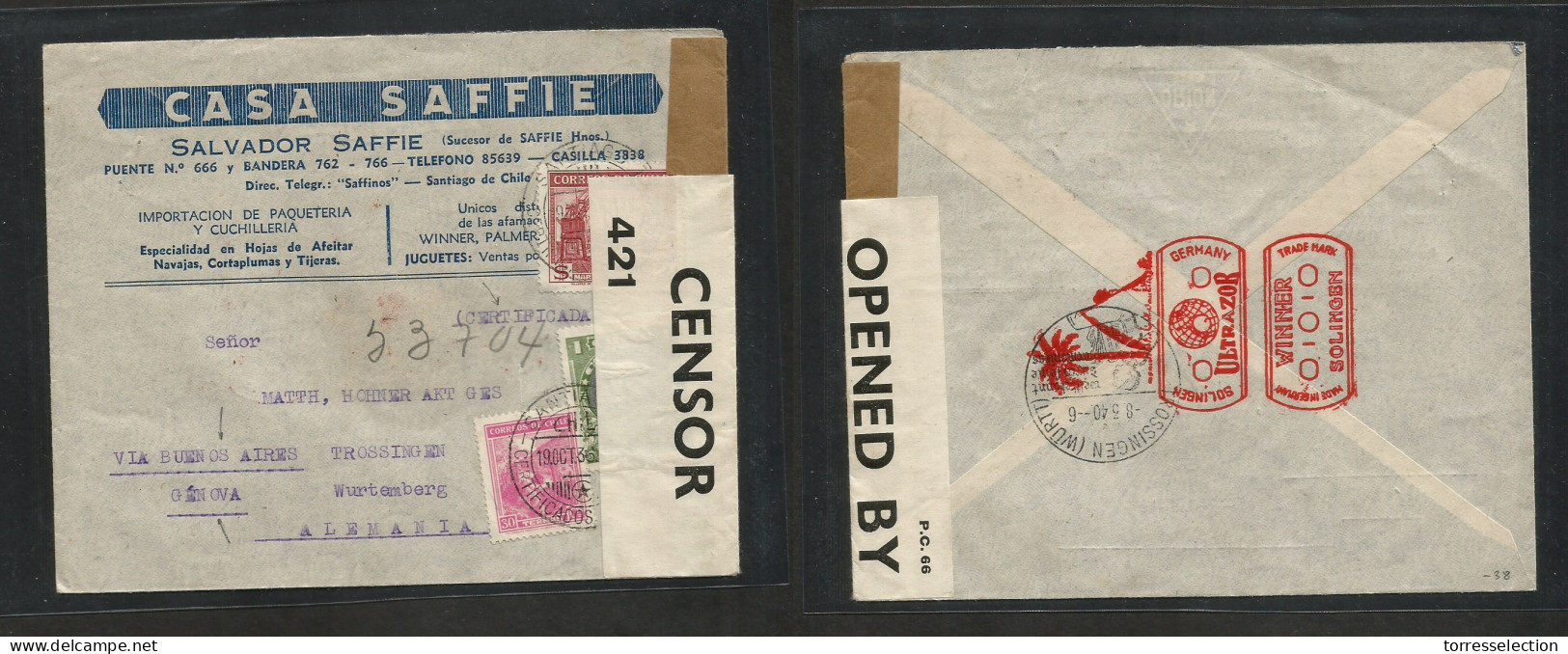 Chile - XX. 1939 (19 Oct) Stgo - Germany, Trossingen (9 March 40) Via Buenos Aires - Genova. WWII Censored Illustrated M - Chile