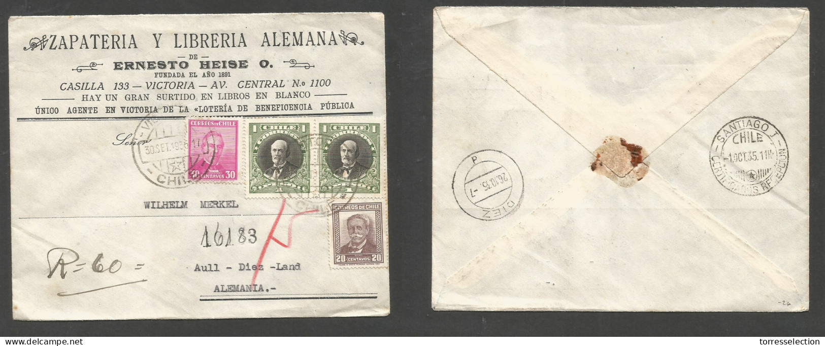 Chile - XX. 1936 (30 Sept) Victoria - Germany, Aull, Drez (26 Oct) Registered Comercial Multifkd Env At 2,50 Pesos Rate, - Cile