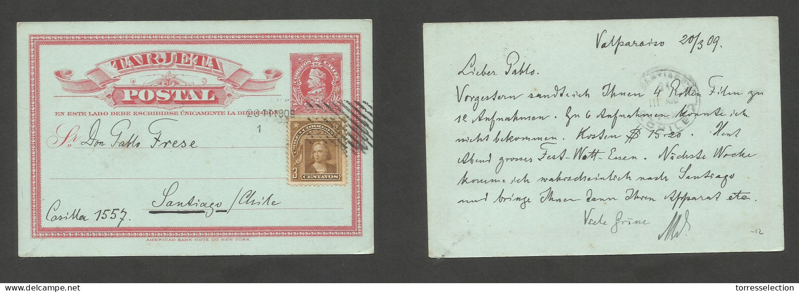 CHILE - Stationery. 1909 (20 March) Valp - Stgo. 2c Red Stat Card + 3c Brown Adtl, Tied Rolling Grill. Nice Item. SALE. - Chile