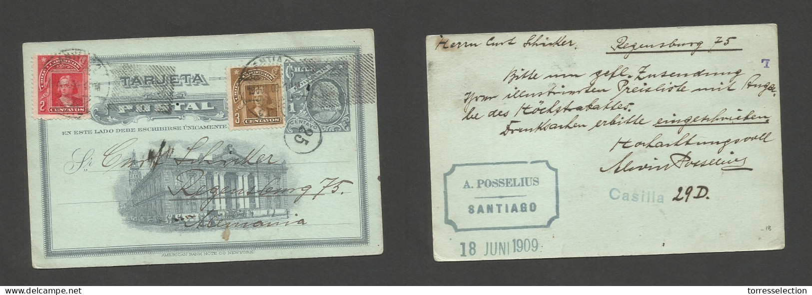 CHILE - Stationery. 1909 (18 June) Stgo - Germany, Regensburg. 1c Greysh Illustrated Stat Card + 2 Adtls, Tied Cds Grill - Chili