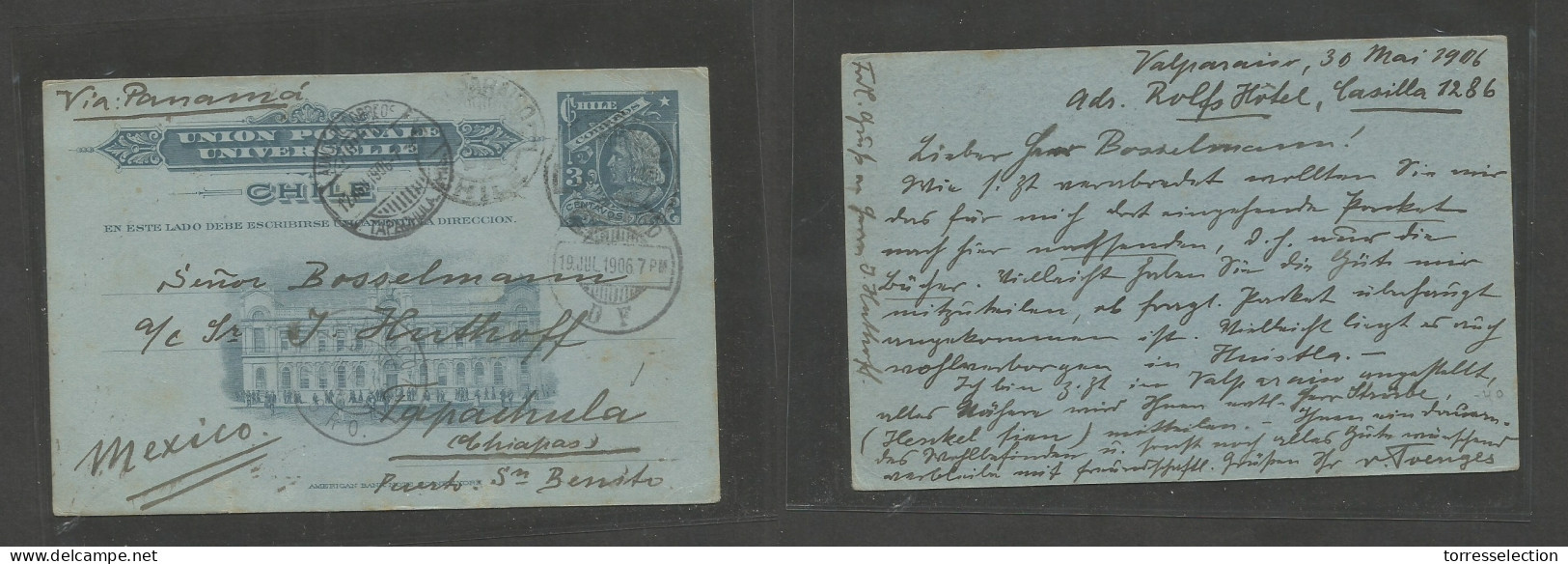CHILE - Stationery. 1906 (30 May) Valp - Mexico, Tapachula, Chiapas, Puerto San Benito (12 Aug) Via Acapulco, DF, Panama - Cile