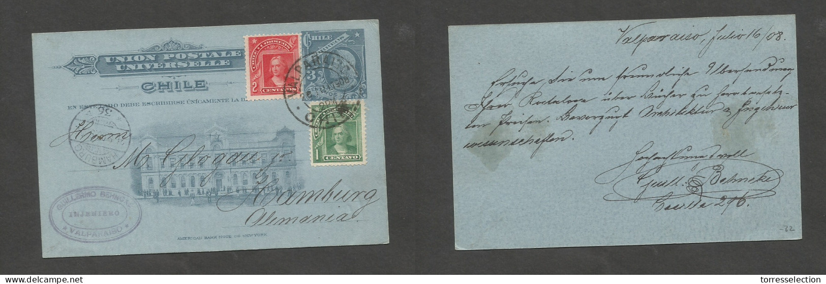 CHILE - Stationery. 1908 (16 July) Valp - Germany, Hamburg (21 Sept) 3c Blue Illustr Stat Card + 2 Adtls, Large Cds. Fin - Cile