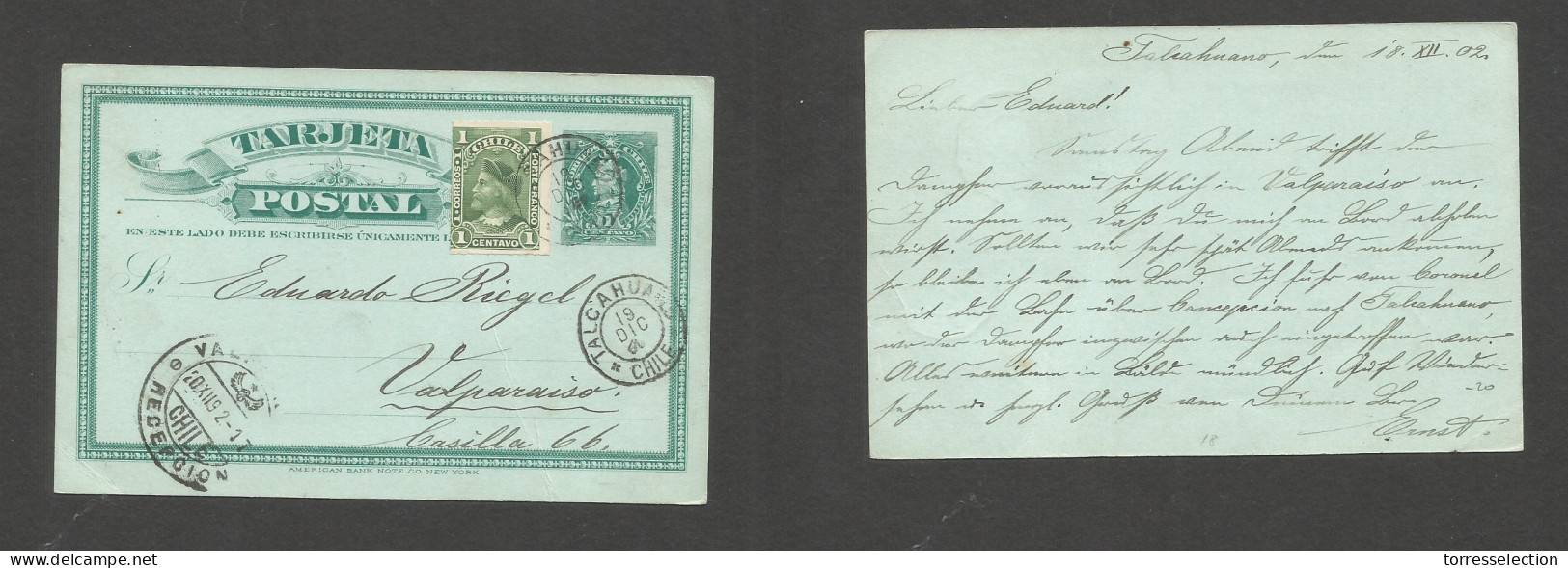 CHILE - Stationery. 1902 (18 Dec) Talcahuano - Valp (20 Dec) 1c Green Stat Card + 1c Green Vert Adtl, Tied Cds. VF Used  - Cile
