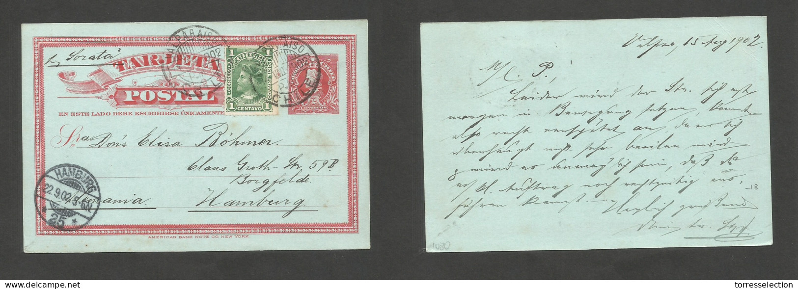 CHILE - Stationery. 1902 (15 Aug) Valp - Germany, Hamburg (22 Sept) 2c Red Stat Air + 1c Green St, Tied Cds "via Sorata" - Chili