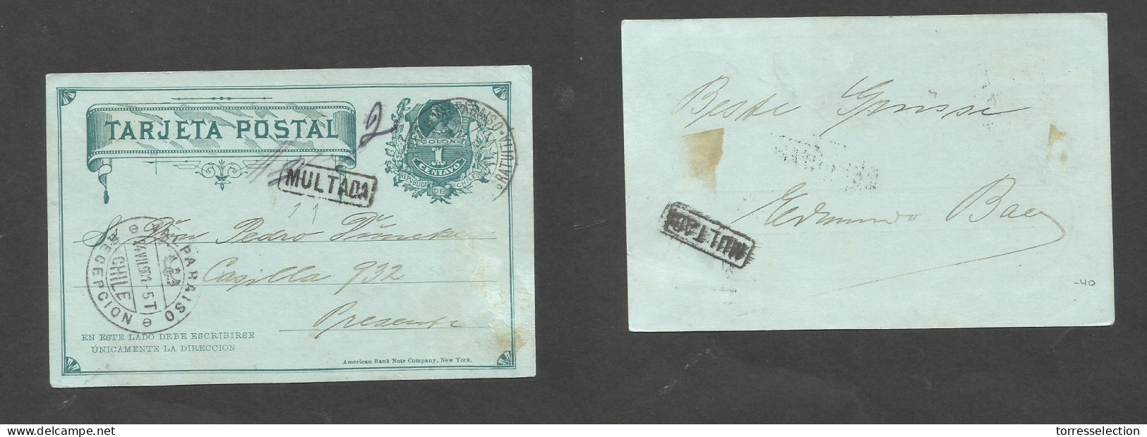 CHILE - Stationery. 1901 (24 July) Valp Local Usage. 1c Green Stat Card. Conduccion Gratuita Cds + "MULTADA" Box, Mns "2 - Chile