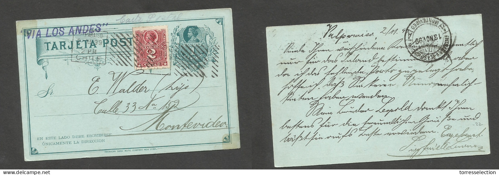 CHILE - Stationery. 1899 (2 Nov) Valp - Montevideo, Uruguay Via Los Andes, 1c Green Stat Card + 2c Red Perce Adtl, Tied  - Chili