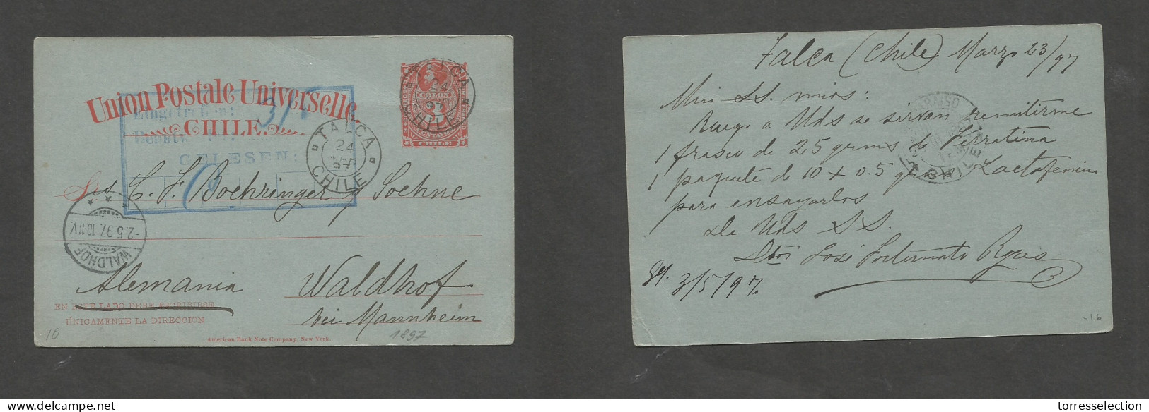 CHILE - Stationery. 1897 (23 March) Talca - Germany, Wald Hof (2 May) 3c Red, Bluish Stat Card. Fine Used. SALE. - Chili