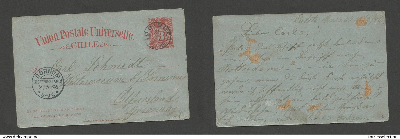 CHILE - Stationery. 1896 (22 March) Caleta Buena - Germany, Dorrum (2 May) Via Iquique (30 March) 3c Red / Bluish Stat C - Chile