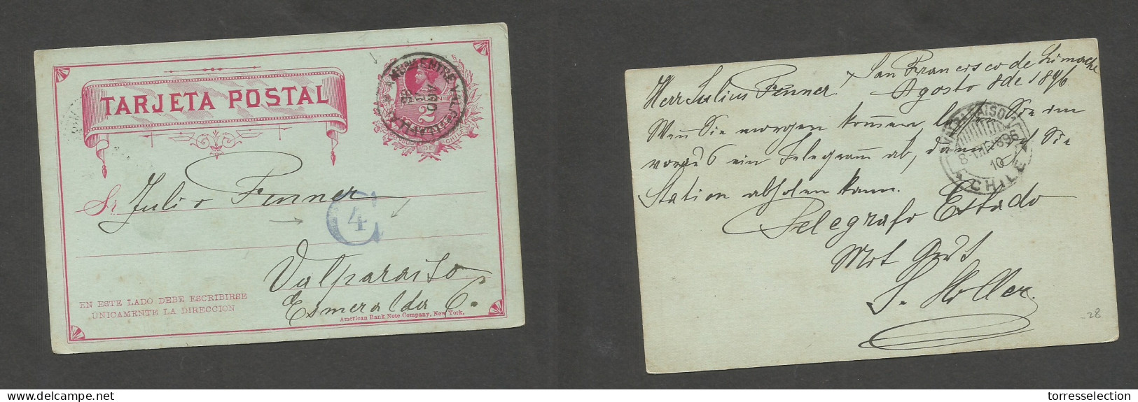 CHILE - Stationery. 1896 (8 Aug) San Francisco De Limache - Valp 2c Red Stat Card, TPO Cancel + Arrival Postal District  - Cile