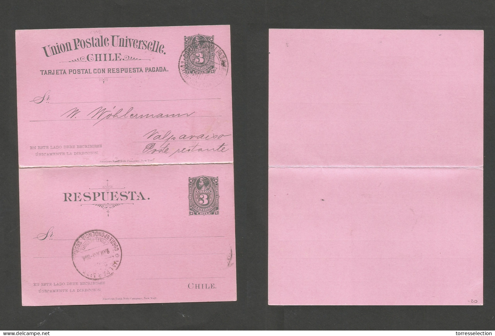 CHILE - Stationery. 1900 (9 Dec) Valp Local Poste Restante Usage. Doble 3c Blue / Pink Stat Card. Scarce. SALE. - Cile
