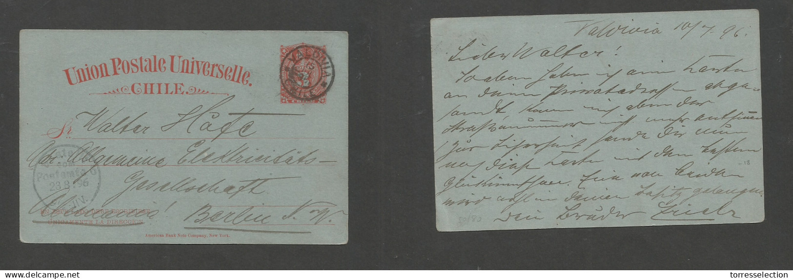 CHILE - Stationery. 1896 (15 July) Valdivia - Germany, Berlin (23 Aug) 3c Red / Greenish Stat Card, Depart Cds. Fine. SA - Chili