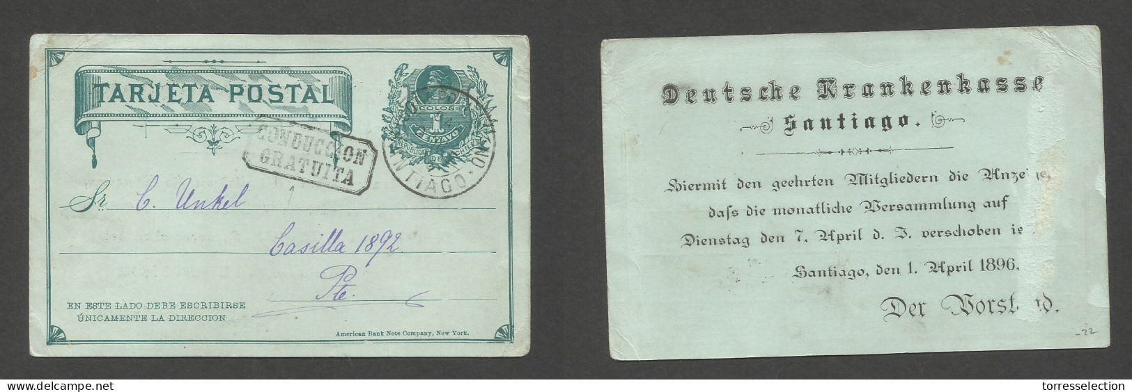 CHILE - Stationery. 1896 (1 Apr) Printed Message. Santiago Local Usage 1c Green Stat Card, Boxed "conduccion Gratuita" ( - Chile
