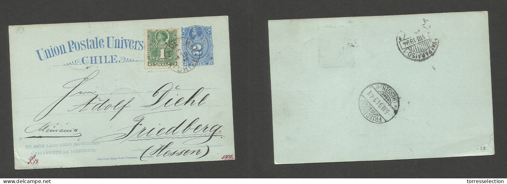 CHILE - Stationery. 1894 (21 Aug) Viña Del Mar - Germany, Hessen, Friedberg (5 Oct) 2c Blue Stat Card + 1c Green Adtl Pe - Cile