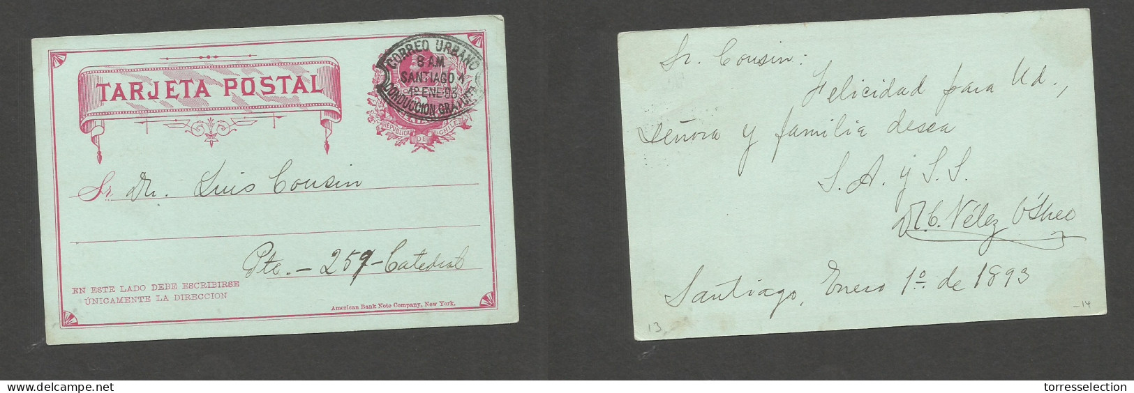 CHILE - Stationery. 1893 (1 Enero) Stgo Local Usage 2c Red / Bluish Stat Card, Oval Correo Urbano, Conduccion Gratis Cac - Chile