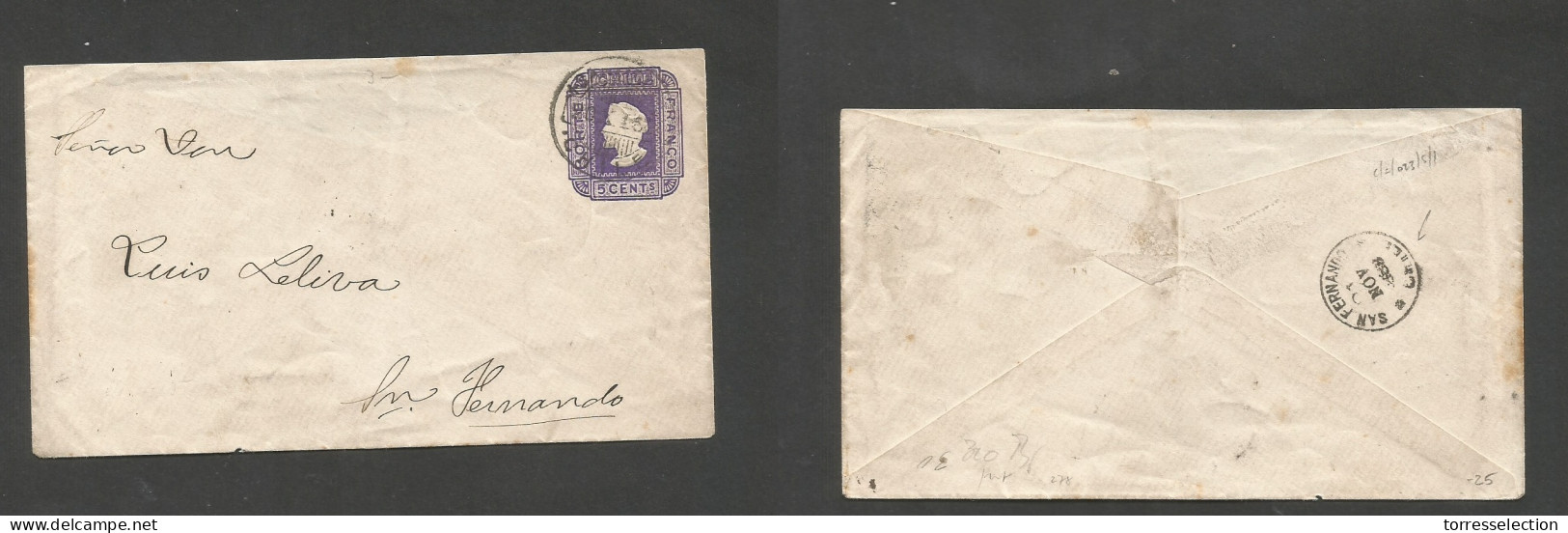 CHILE - Stationery. 1889 (20 Nov) Stgo - San Fernando (24 Nov) 5c Purple Stat Envelope, Paper With Watermark Lines At 20 - Chile