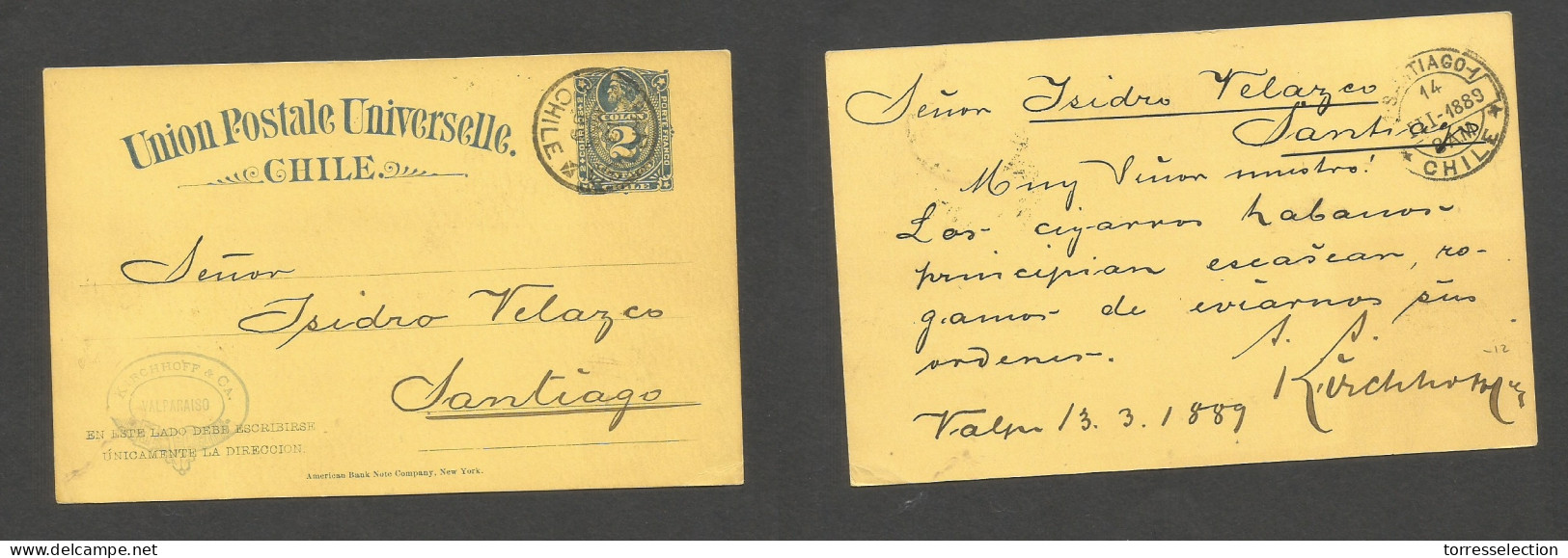 CHILE - Stationery. 1889 (13 March) Valp - Stgo. 2c Blue / Yellow Stat Card, Cds. XF. SALE. - Chili