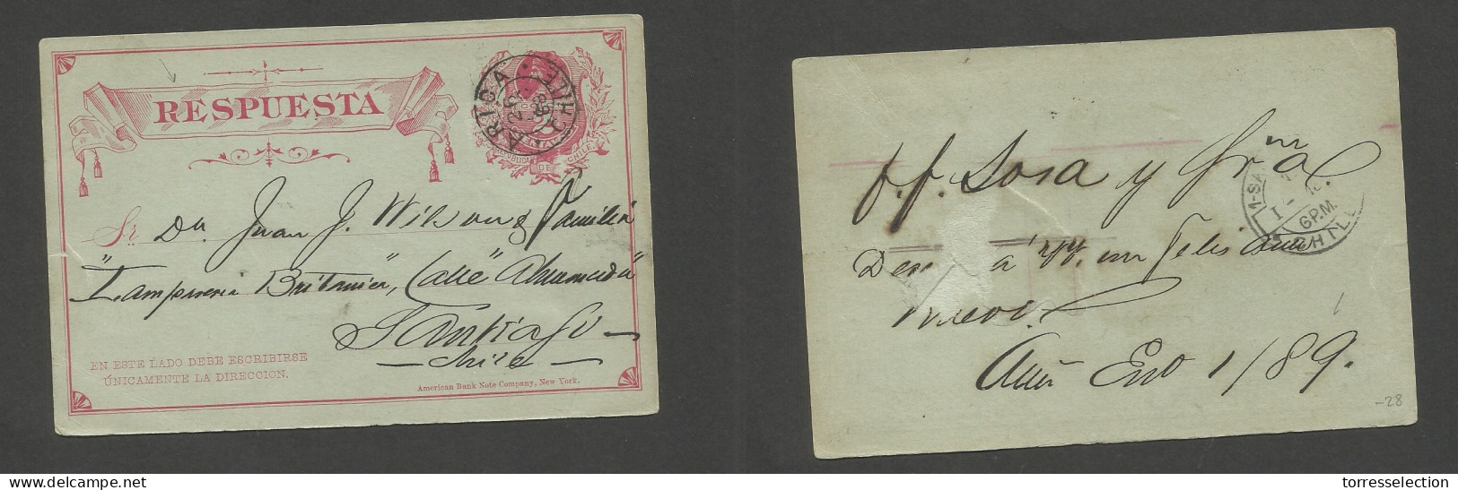 CHILE - Stationery. 1888 (26 Dec) REPLY Half. Proper Usage Back. Arica - Stgo (1 Jan 1889) 2c Red Stat Card. SALE. - Cile