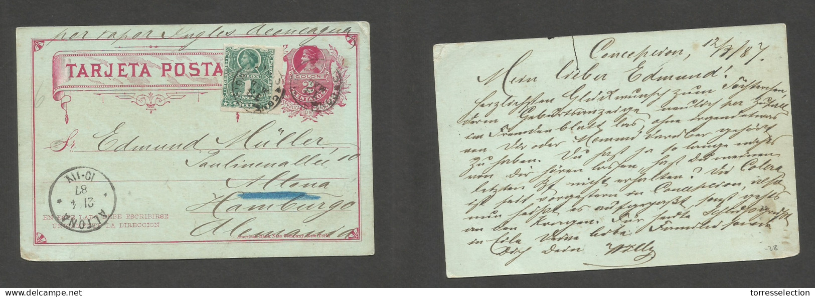 CHILE - Stationery. 1887 (12 March) Concepcion - Germany, Hamburg (21 Apr) 2c Red Stat Card + 1c Green Perce Adtl, Tied  - Cile
