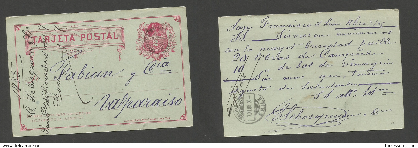 CHILE - Stationery. 1885 (7 Nov) San Francisco De Limache - Valp (7 Nov) Fine Early Stat Card Usage 2c Red / Greenish +  - Cile