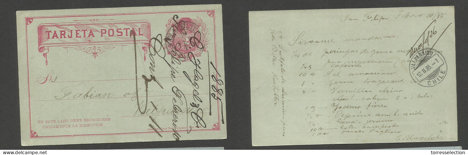 CHILE - Stationery. 1885 (10 Feb) San Felipe - Valp 2c Red Bluish Stat Card. Fine Early Usage. SALE. - Chili