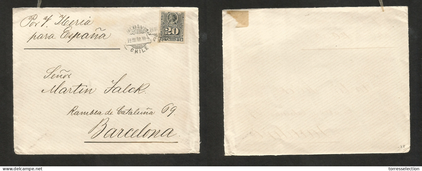 CHILE. 1898 (29 Aug) Valp - Spain, Barcelona, España. PN Vapor Iberia. Fkd Front Of Envelope With 20c Block - Grey Perce - Chile