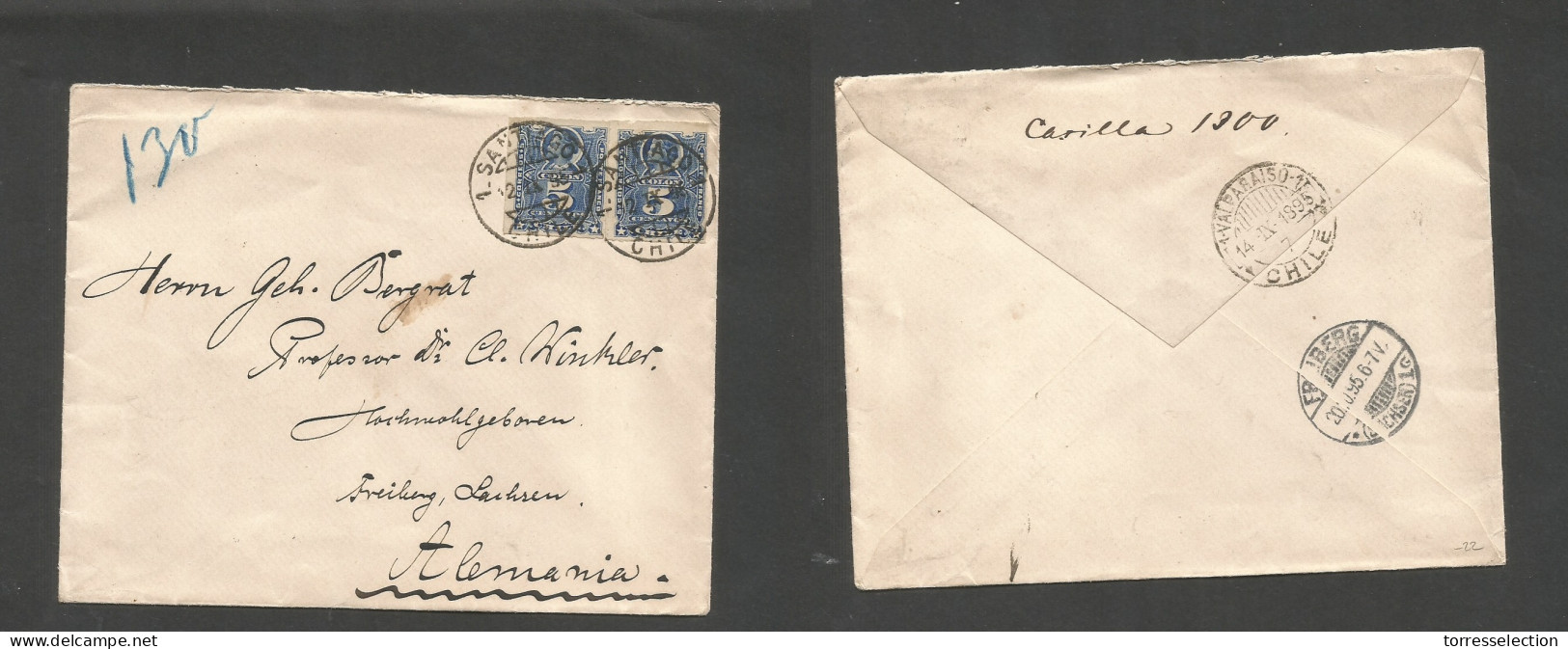 CHILE. 1896 (2 Sept) Stgo - Germany, Freiburg, Lachsen (20 Oct) Fkd Env 5c Blue Perce Horiz Pair Tied Cds. Reverse Trans - Chili