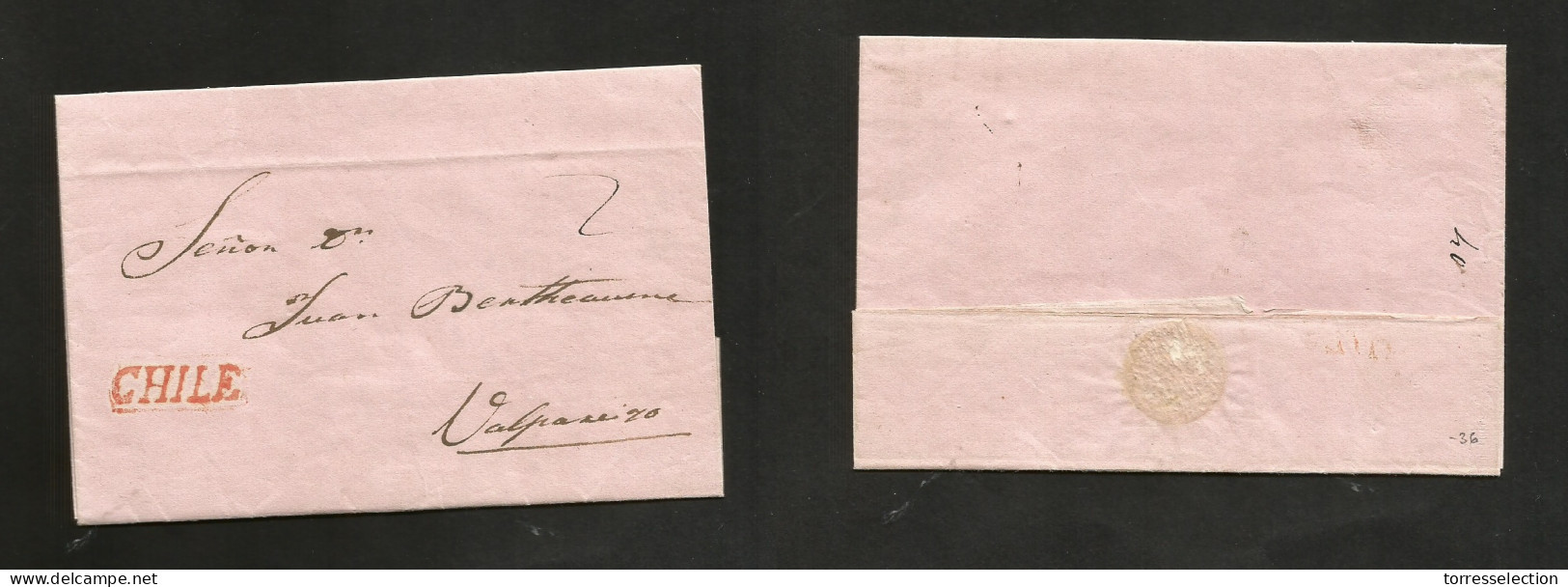 CHILE. 1831 (29 Aug) Stgo - Valp. EL Pmk Paper With Full Text, Stline "CHILE" (xxx) + Mns "2" Charge. VF. SALE. - Chili