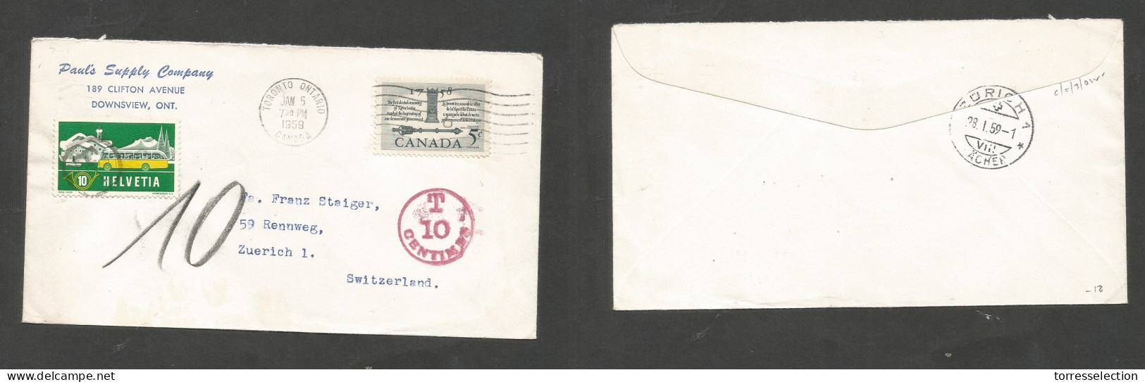 CANADA. 1959 (5 Jan) Toronto - Switzerland, Zurich (28 Jan) Fkd + Taxed Envelope Airmail Swiss P. Due 10c, Tied "T" Cach - Andere & Zonder Classificatie