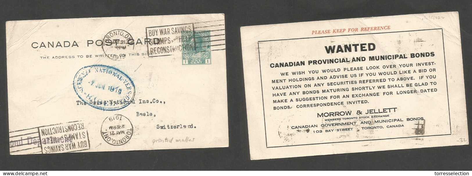 CANADA. 1919 (21 May) Toronto, Ont - Switzerland, Basel. 1c Green Stat Card. Private Print As Pm Rate Circulated. SALE. - Otros & Sin Clasificación