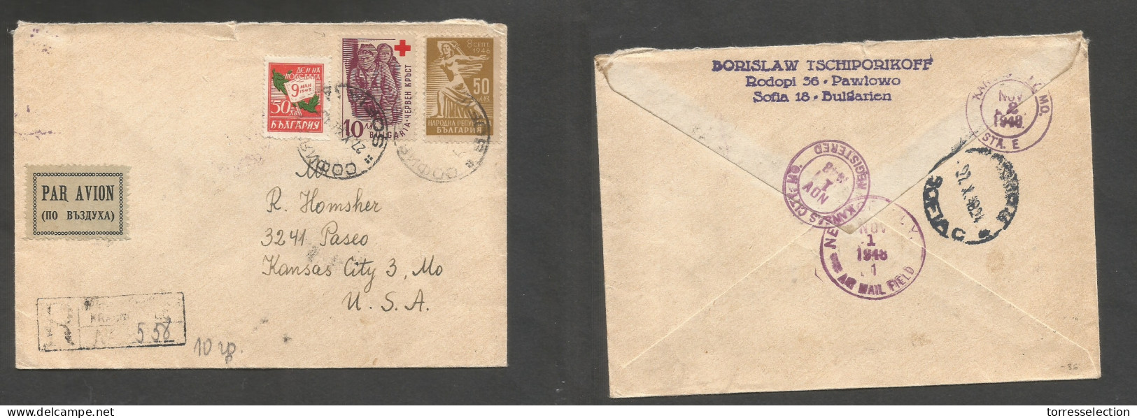 BULGARIA. 1948 (27 Oct) Sofia - USA, Kansas City, Mo (1-2 Nov) Registered Air Multifkd Envelope Incl Comm Issue "9 May 1 - Sonstige & Ohne Zuordnung